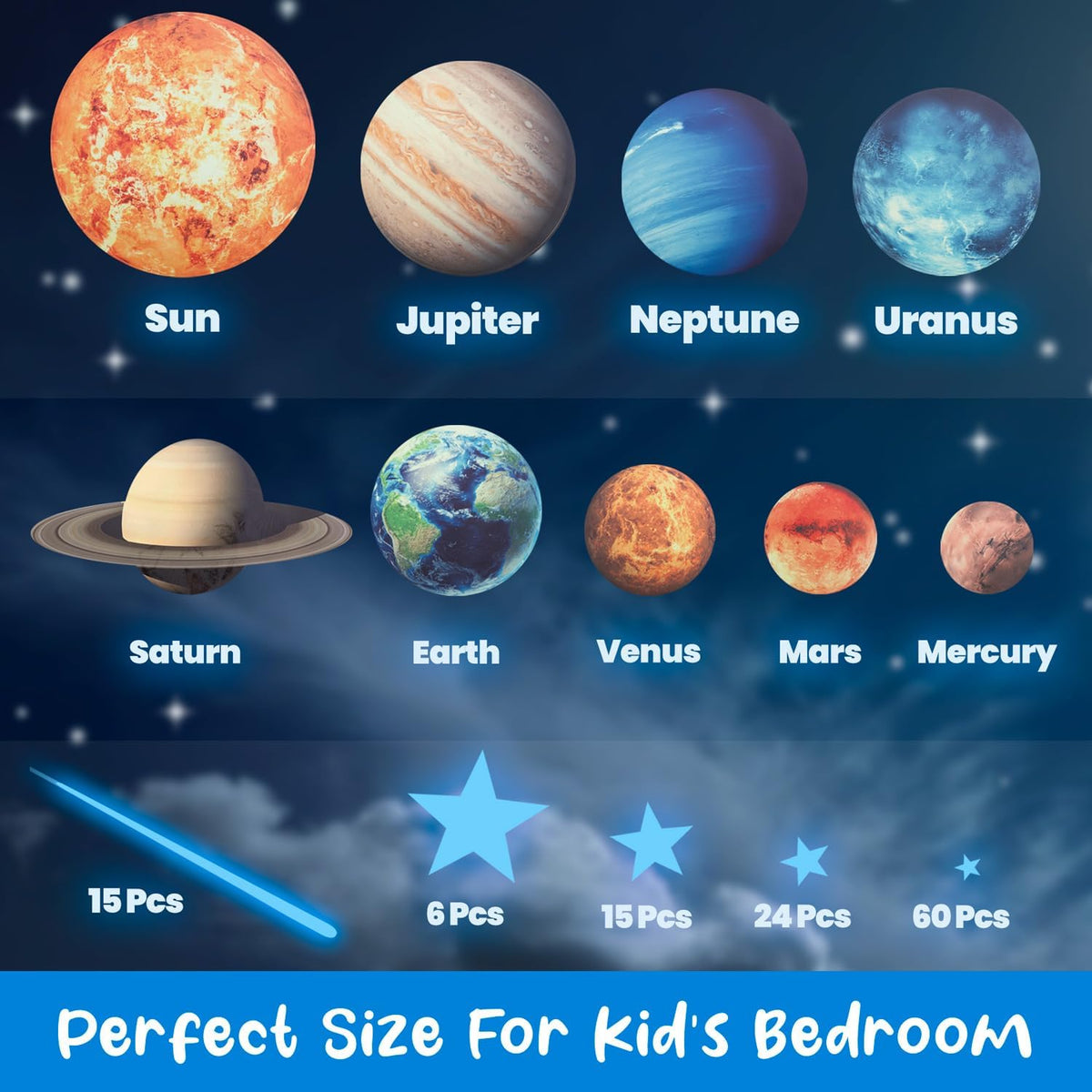 Glow in The Dark Stars and Planets, Bright Solar System Wall Stickers -Glowing Ceiling Decals for Kids Bedroom Any Room,Shining Space Decoration, Birthday Christmas Gift for Boys and Girls (Blue)