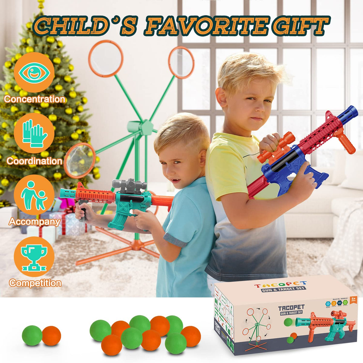Marlrin Shooting Games Toys for Age 5 6 7 8 9 10+ Year Old Boys, Kids Toy Sports & Outdoor Game with Moving Shooting Target & 2 Popper Air Toy Guns & 24 Foam Balls, Gifts for Boys and Girls