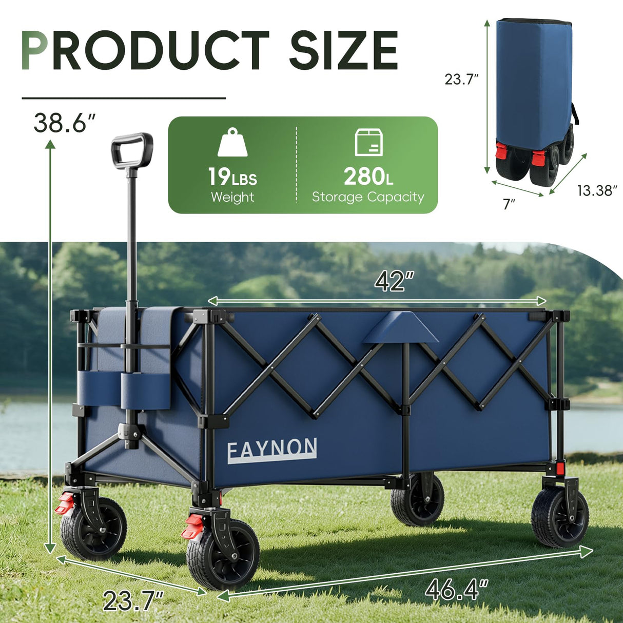 46" L Collapsible Foldable Extended Wagon, 500LB Weight Capacity with 280L Heavy Duty Folding Cart,Utility Wagon with All-Terrain Beach Wheel & Drink Holders,Blue