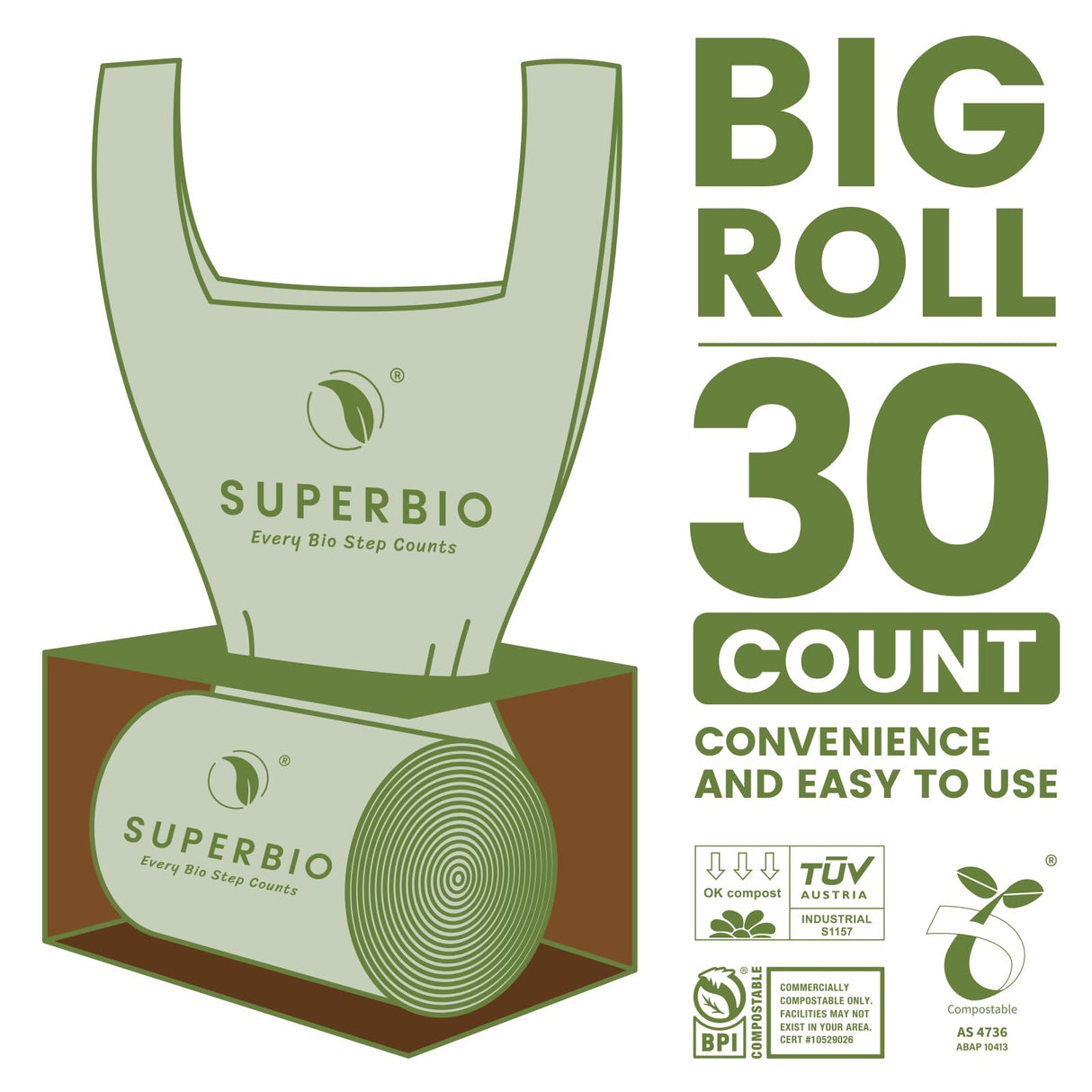 SUPERBIO 13 Gallon Compostable Kitchen Waste Bags with Handles, Food Scrap Bags Certified by BPI, OK compost INDUSTRIAL, 30 Count, 49.2L