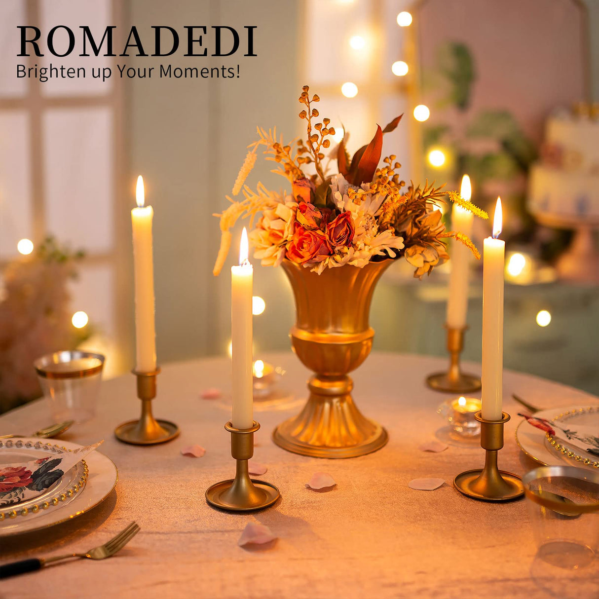 Candlestick Holders Taper Candle Holders, Romadedi Gold Candle Stick Candle Holder for Table Centerpiece, Wedding Reception, Festive Christmas Mantel Decoration or Home Decor, Set of 12