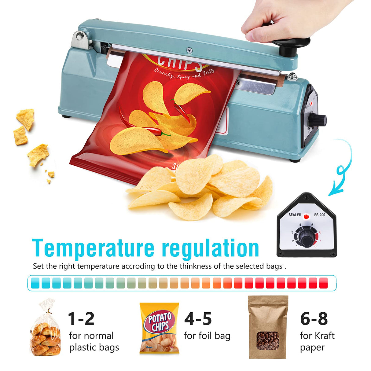 METRONIC Impulse Sealer 8 inch, Manual Heat Sealer Machine for Plastic Bags, Shrink Wrap Bag Sealers Heavy Duty Sealing Machine With Repair Kit (Blue)