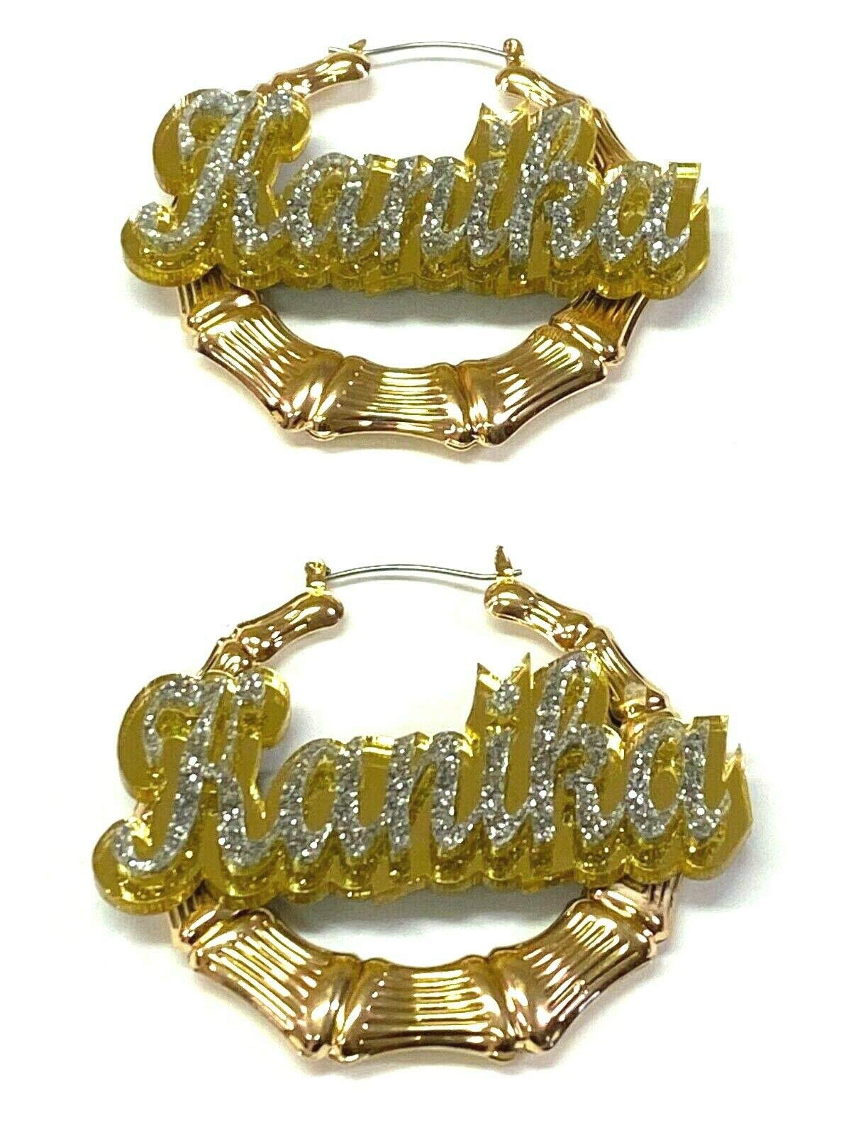 Personalized Custom Gold Hoop Bamboo Earrings Name Plate Laser Cut Design Stunning Look - Quality, Attractive Gold Bamboo Earrings, Made To Order 1.5-3.5 INCHES sizes