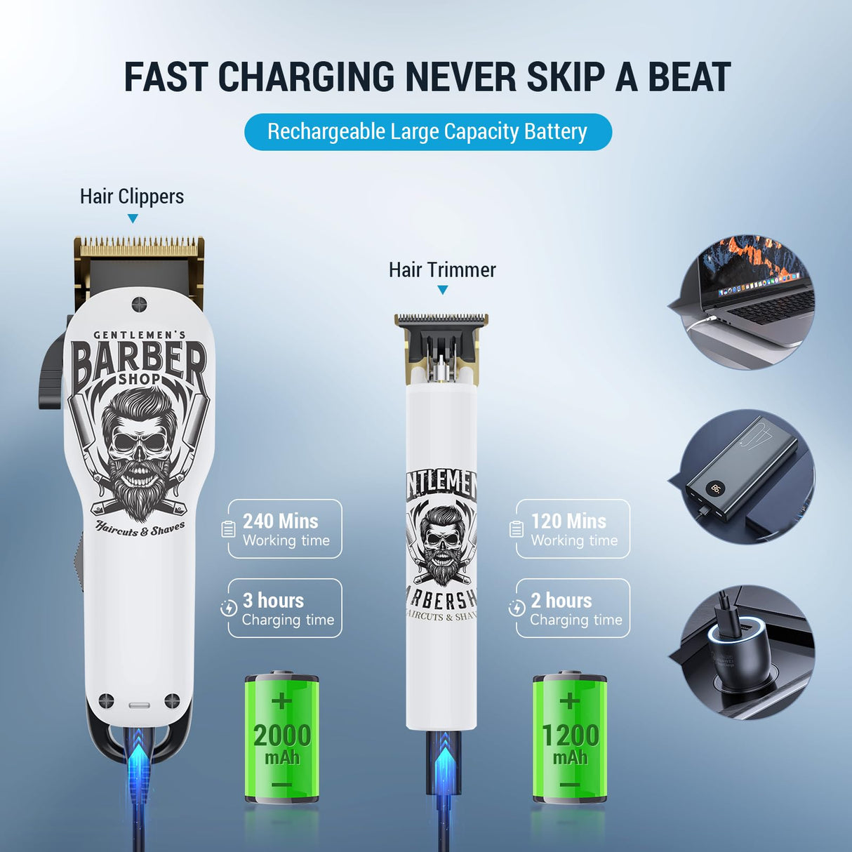 BESTBOMG Hair Clippers & Trimmer Ceramic T-Blade Cordless Haircut Sets Rechargeable 2000mAh/1200mAh with 10 Guide Combs & for Men/Father/Husband/Boyfriend