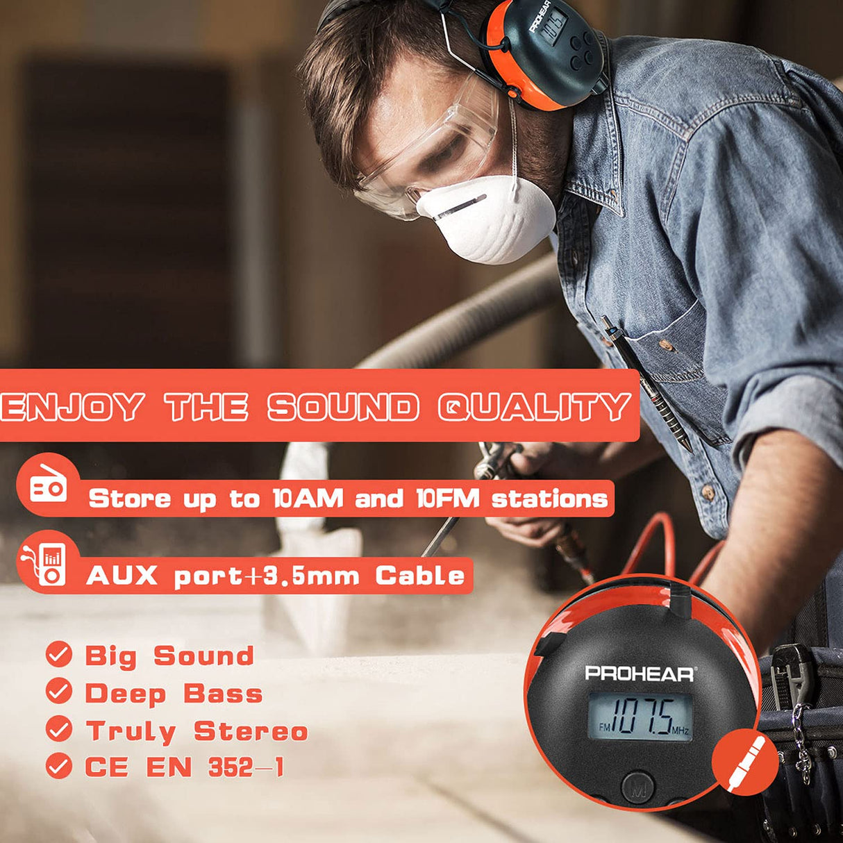 PROHEAR 027 AM FM Radio Headphones with Digital Display, 25dB NRR, Safety Ear Protection Earmuffs for Mowing, Snowblowing, Construction, Work Shops - Orange