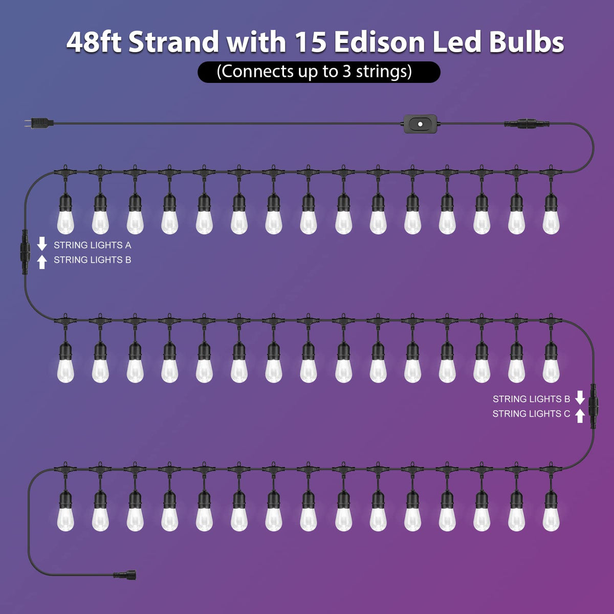 Mlambert 48FT Outdoor Patio RGB Cafe String Lights with Remote, Black