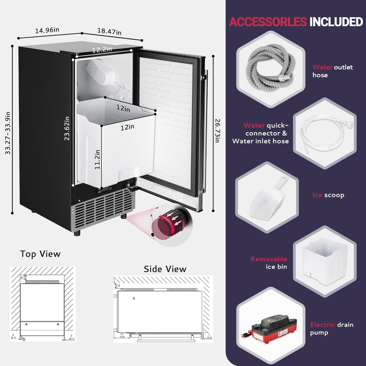 ICYGLEE Commercial Under Counter Ice Maker Machine with Drain Pump, 100Lbs/Day with 24lbs Storage, Auto-Cleaning, 24H Timer, Built-in Freestanding Ice Maker for Home/Commercial & Home Use. (Steel)