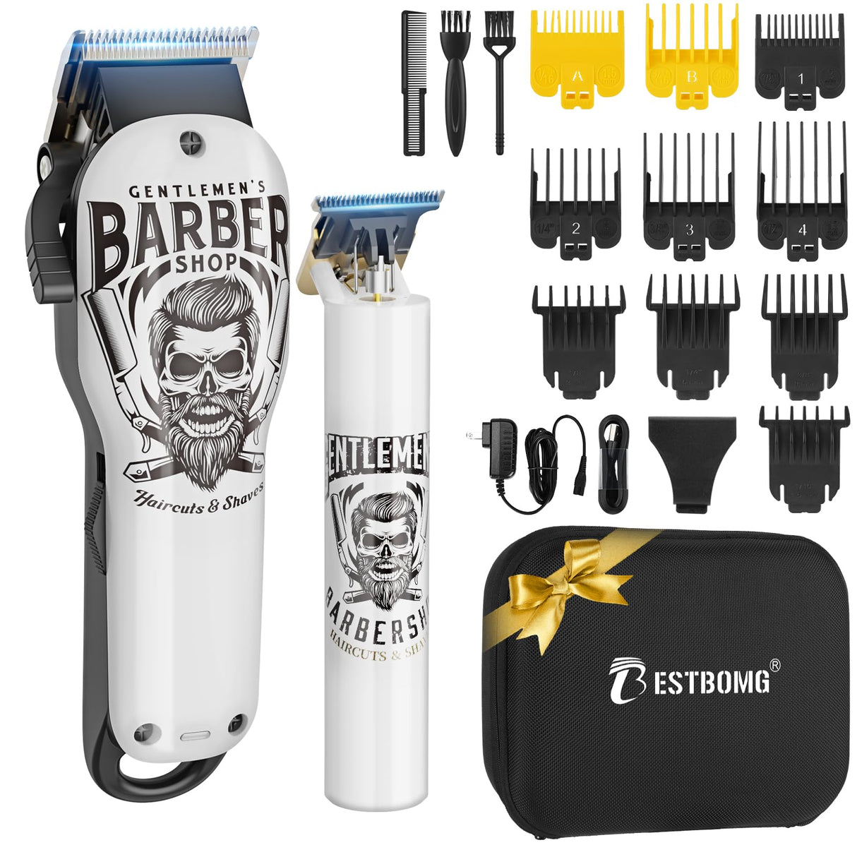 BESTBOMG Hair Clippers & Trimmer Ceramic T-Blade Cordless Haircut Sets Rechargeable 2000mAh/1200mAh with 10 Guide Combs & for Men/Father/Husband/Boyfriend