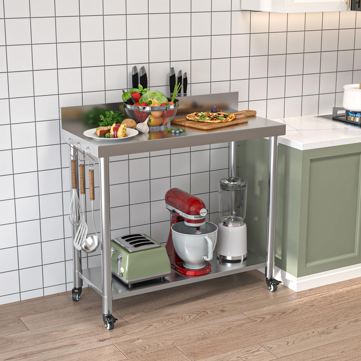 JFHID 48"x18" Stainless Steel Table with Wheels, Backsplash and Knife Blocks, Prep Tables for Commercial Kitchen Steel Countertop Work Table Workbench for Home Restaurant Garage