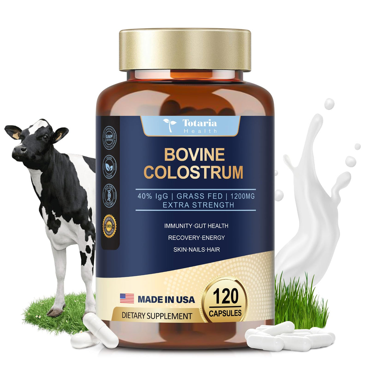 Totaria Bovine Colostrum Supplement Capsules for Gut Health, Hair Growth, Beauty and Immune Support - USA Farm Grass Fed - No Fillers, GMP Certified Calostro Bovino para Adultos Organico, 60 Servings