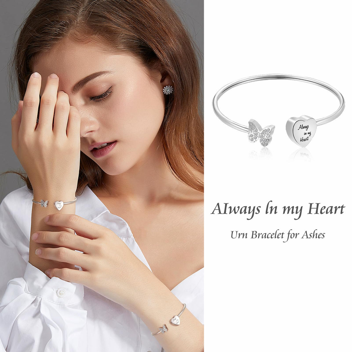 XIUDA Urn Bracelet for Human Ashes Butterfly Heart Ash Bracelet for Women Stainless Steel Openable Cuff Bangle Cremation Bracelet - Always in My Heart