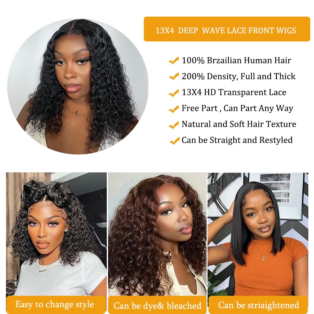 Ablvari 14inch Bob Wig Human Hair 200% Density Deep Wave Bob Lace Front Wigs Human Hair Pre Plucked 13X4 HD Lace Frontal Bob Wigs for Women Natural Color