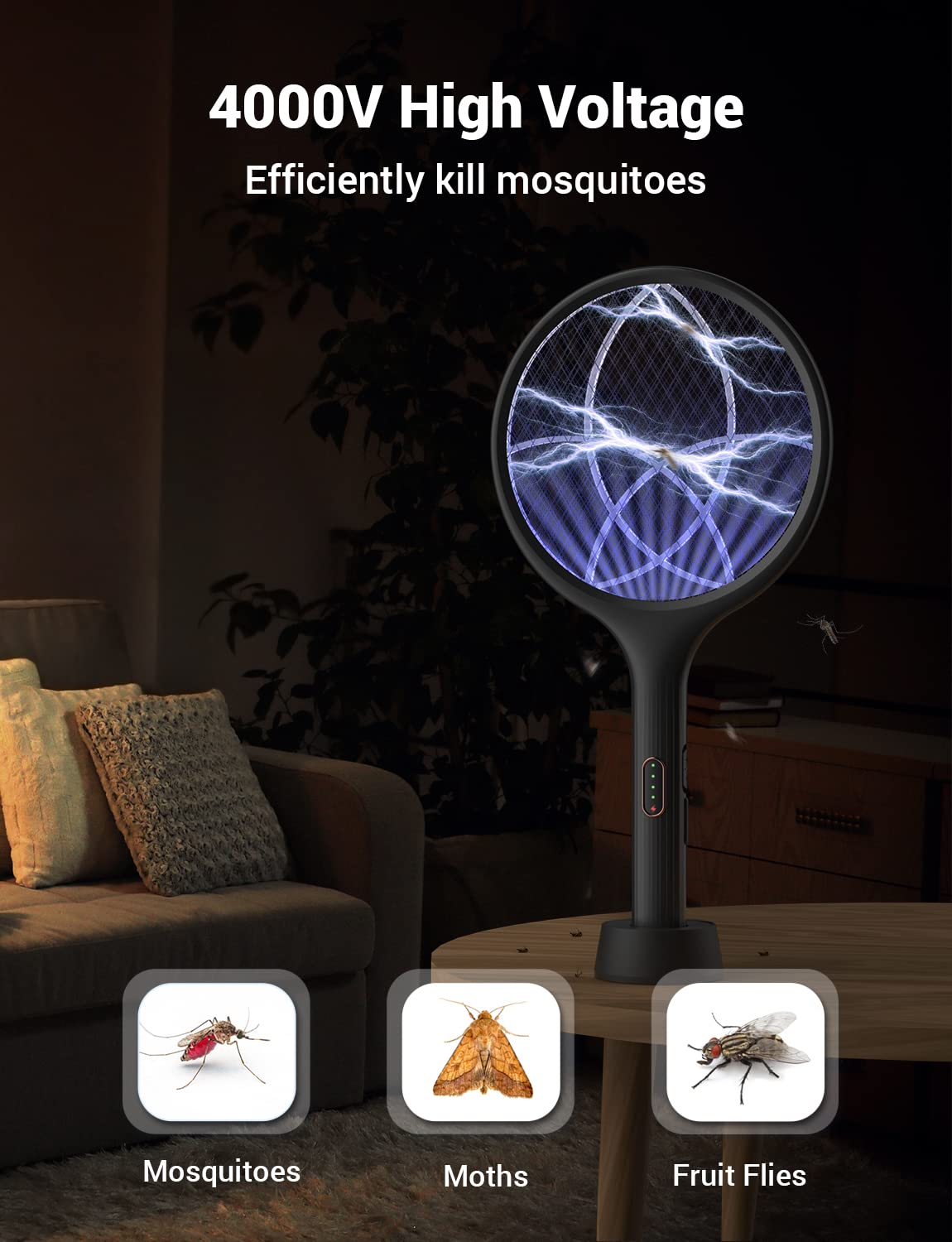 YISSVIC Electric Fly Swatter 4000V Bug Zapper Racket Dual Mode (1, Black)