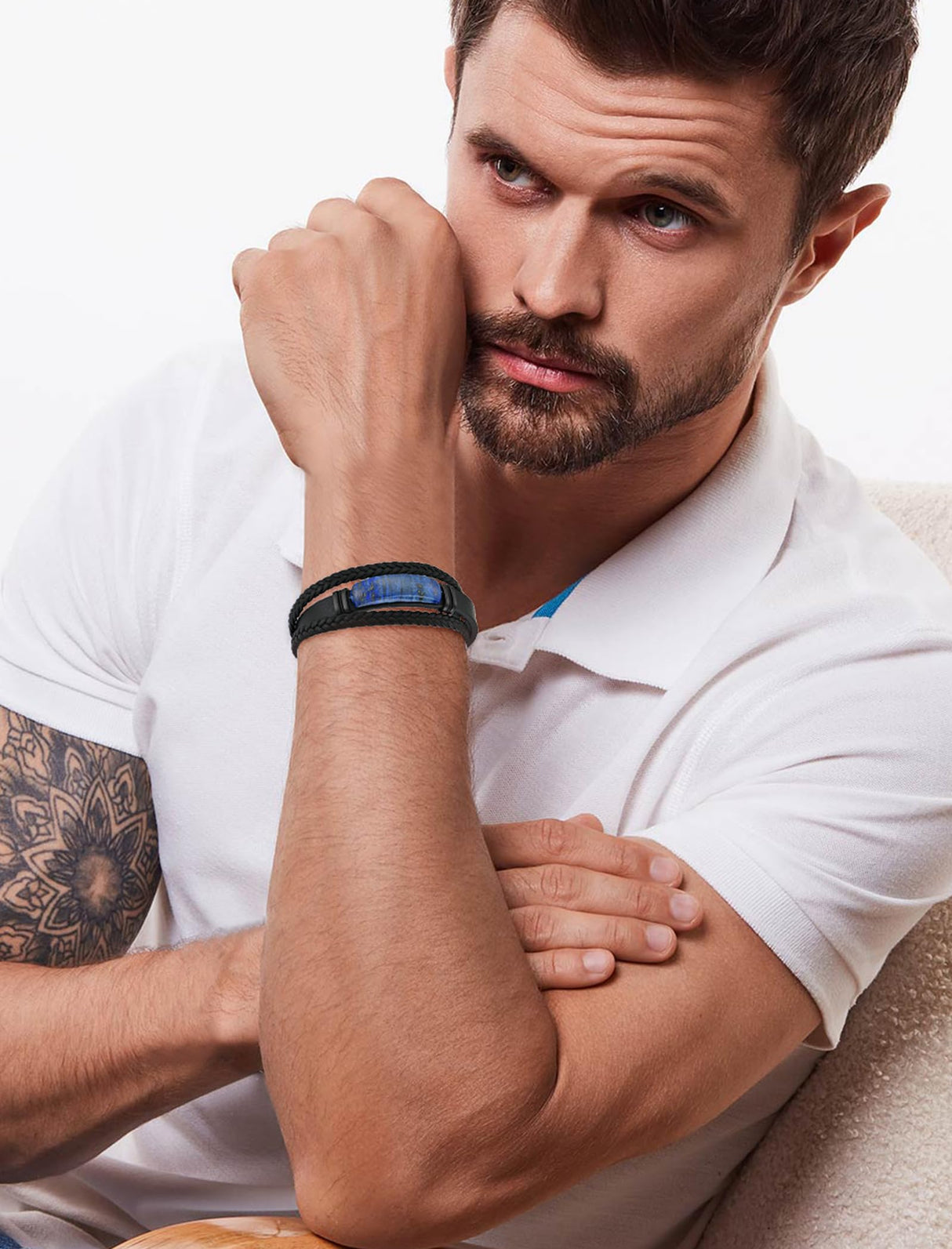 Starnny Lapis Lazuli Bracelets for Men Leather Black Bracelet