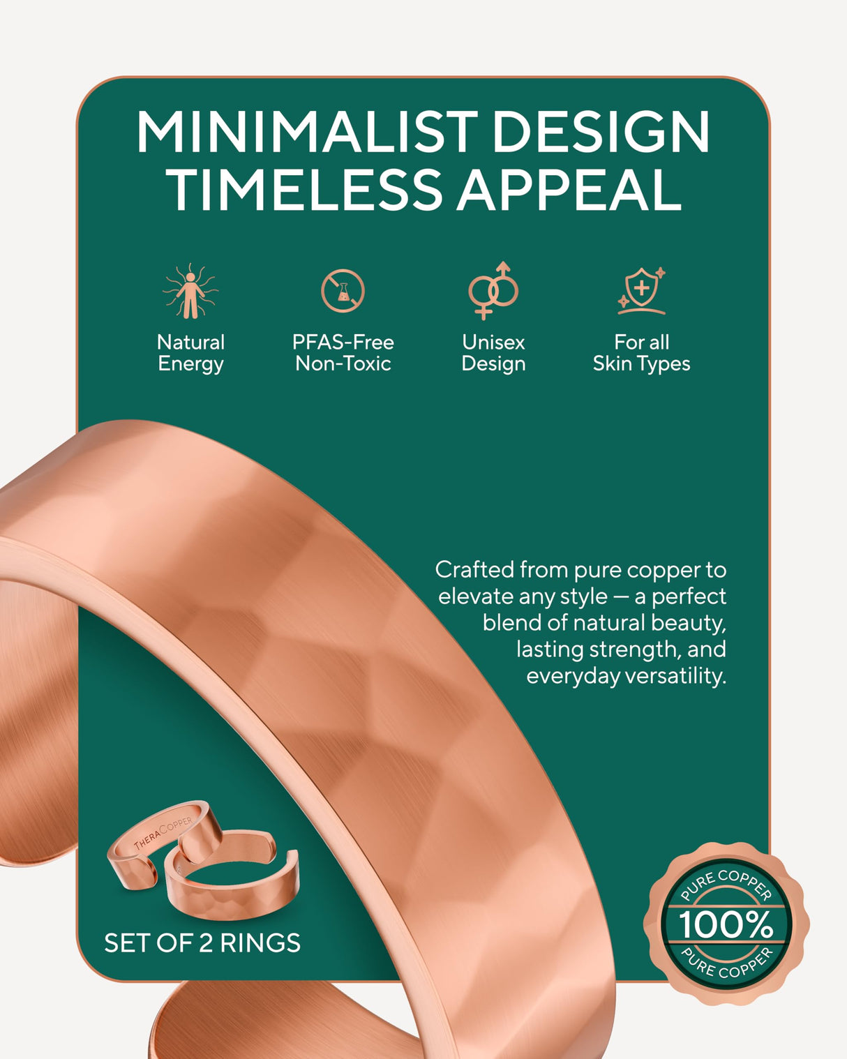 TheraCopper Pure Copper Rings for Women & Men, 2-Pack (6mm Hammered)