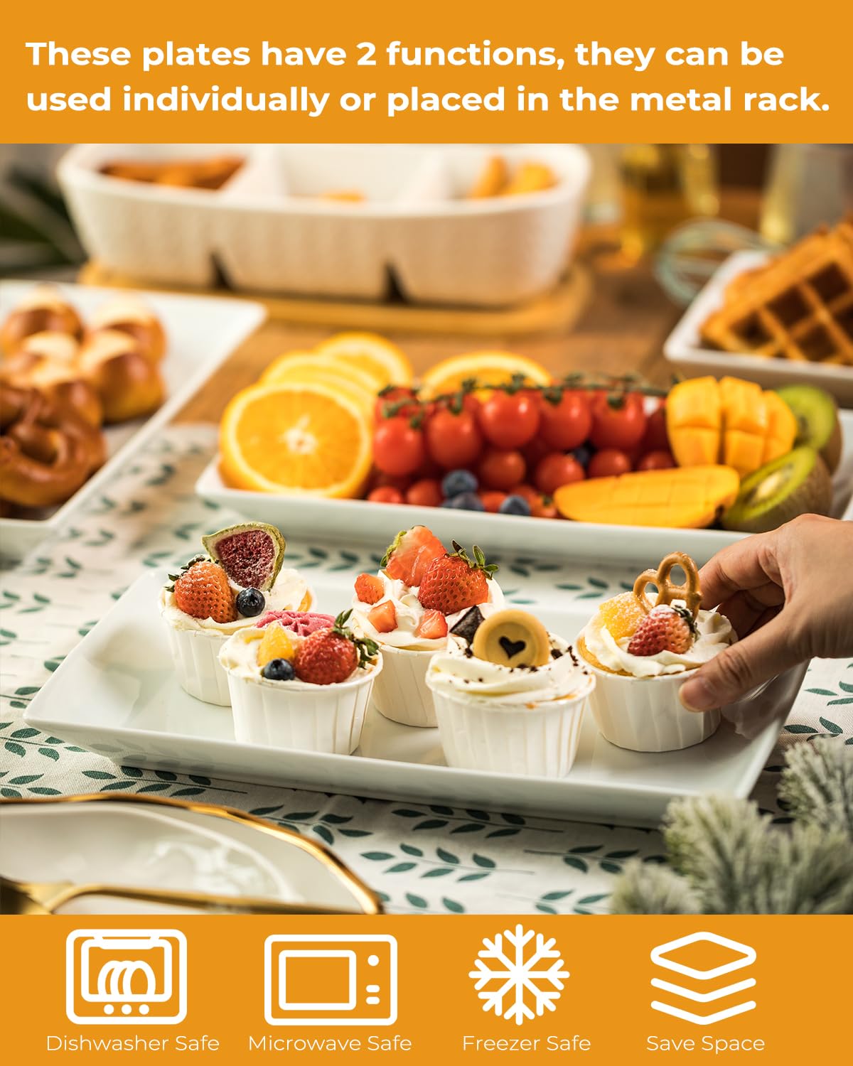 LAUCHUH 3 Tier Serving Stand Porcelain Serving Platter Tier Serving Trays with Collapsible Sturdier Rack, Serving Dishes and Platters for Thanksgiving, Christmas, Entertaining, Gold, 12 Inch