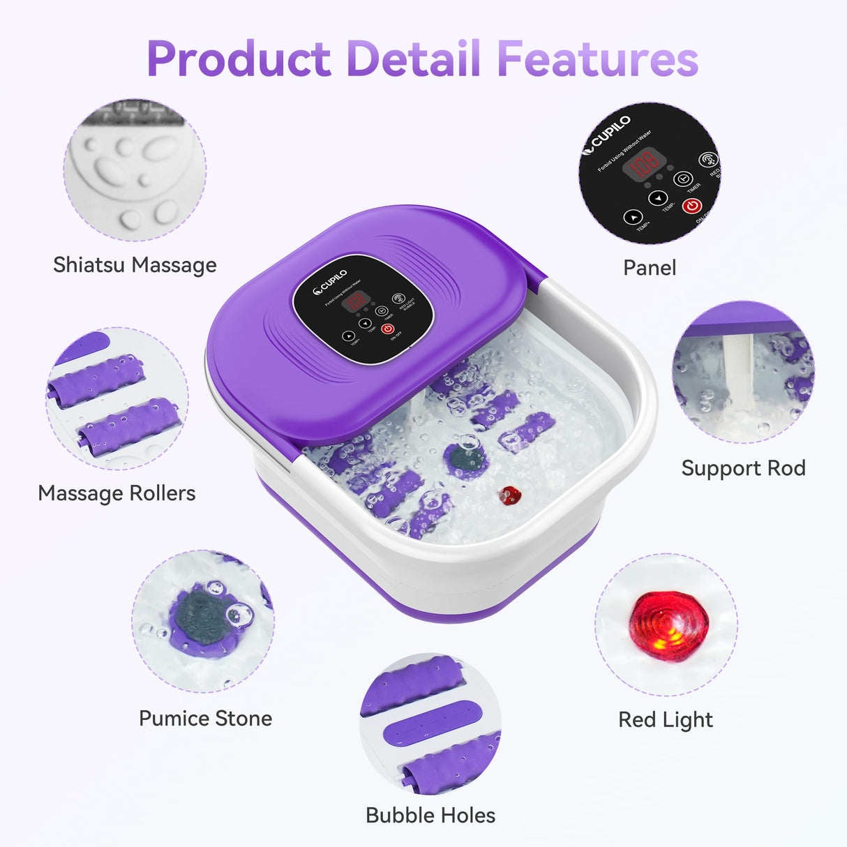 CuPiLo Foot Spa Bath Massager with Heat, Collapsible Foot Massager Spa Soaking Tub with Bubbles, Red Light, Pumice Stone, Shiatsu Massage Rollers, Pedicure Foot Spa for Relaxation, Gifts(Purple)