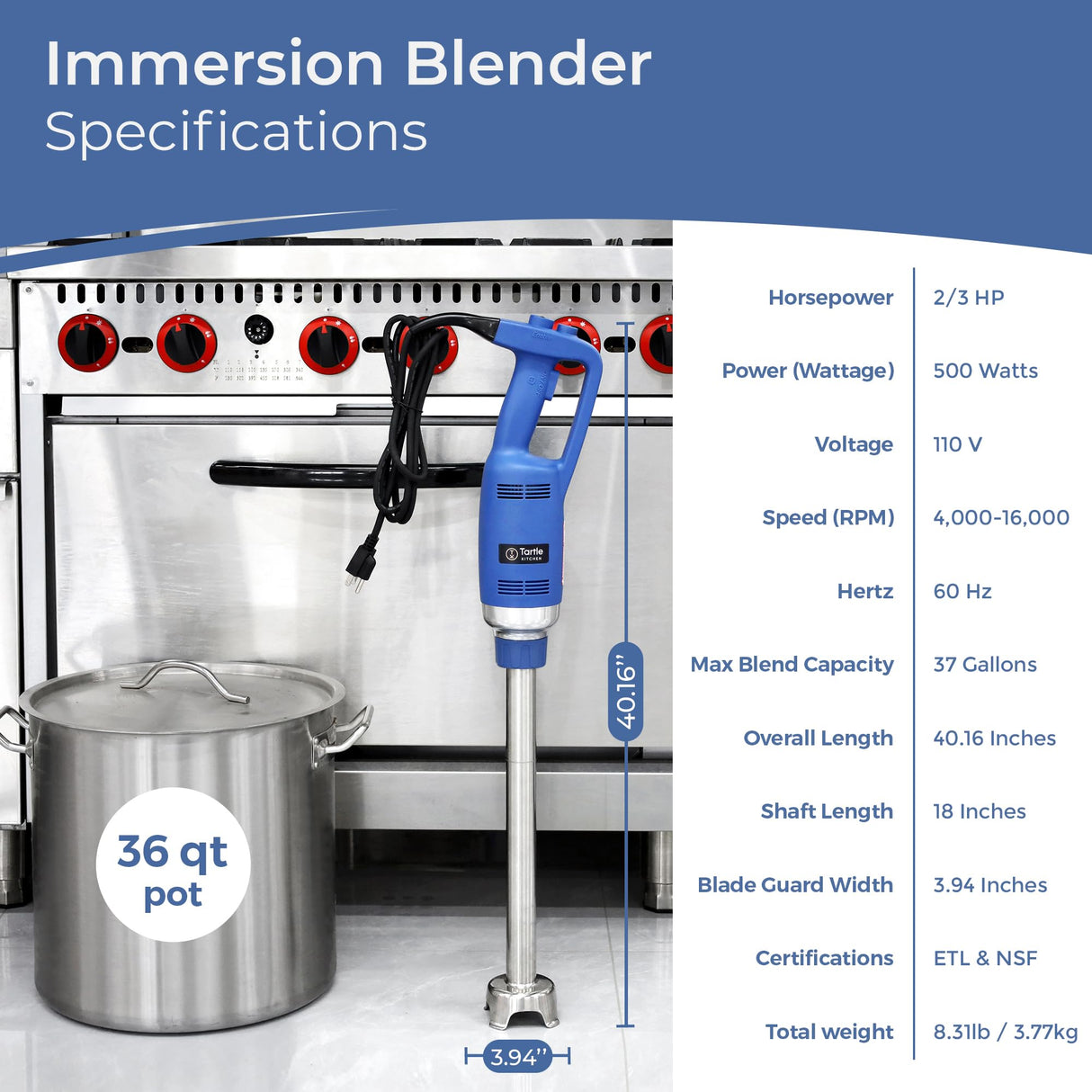 TK Commercial Immersion Blender, 500 Watt/.5 HP Variable Speed Motor, 16,000 RPM Heavy Duty with Performance Assurance - 18"