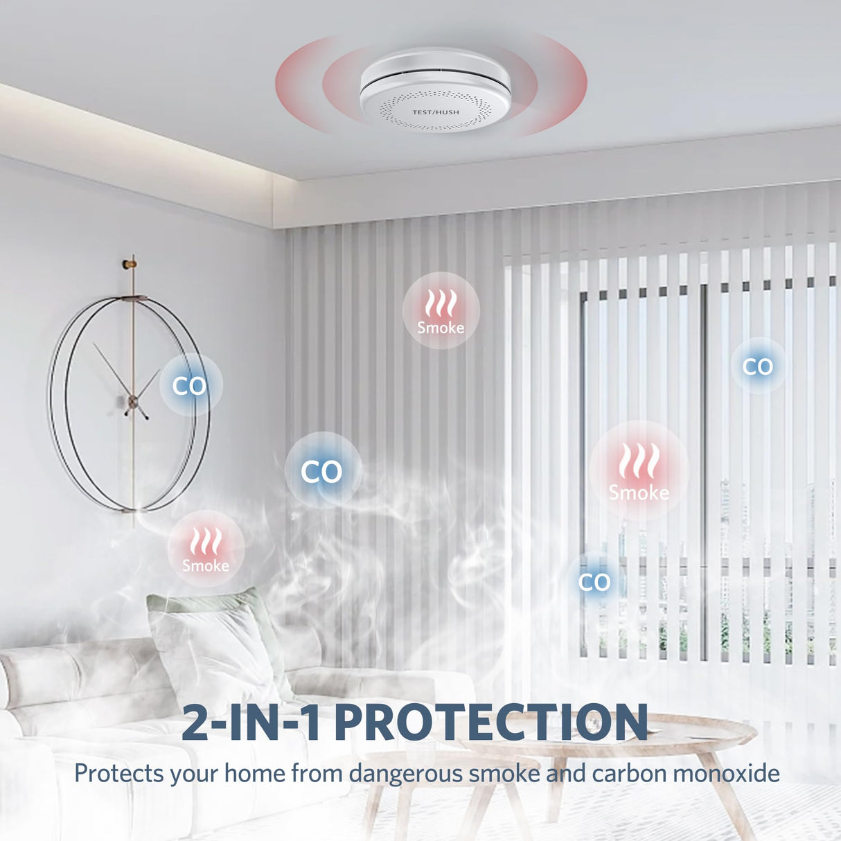 2 Pack Smoke and Carbon Monoxide Alarms, HATHEPHS 10-Year Battery Smoke & CO Detector with Large Test/Silence Button, Easy Installation