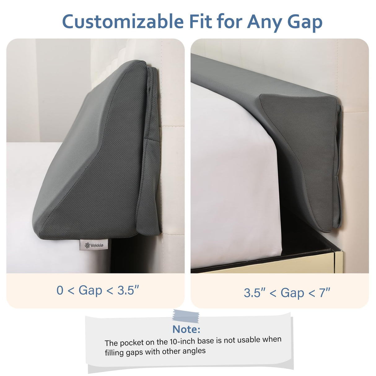 Vekkia Queen Bed Wedge Pillow for Headboard Gap Filler(0-7"),High-Density Foam,Prevents Pillows & Items from Falling,Ergonomic Design,Large Storage Pockets, Removable&Washable Cover,Gray,60''x7''x11''