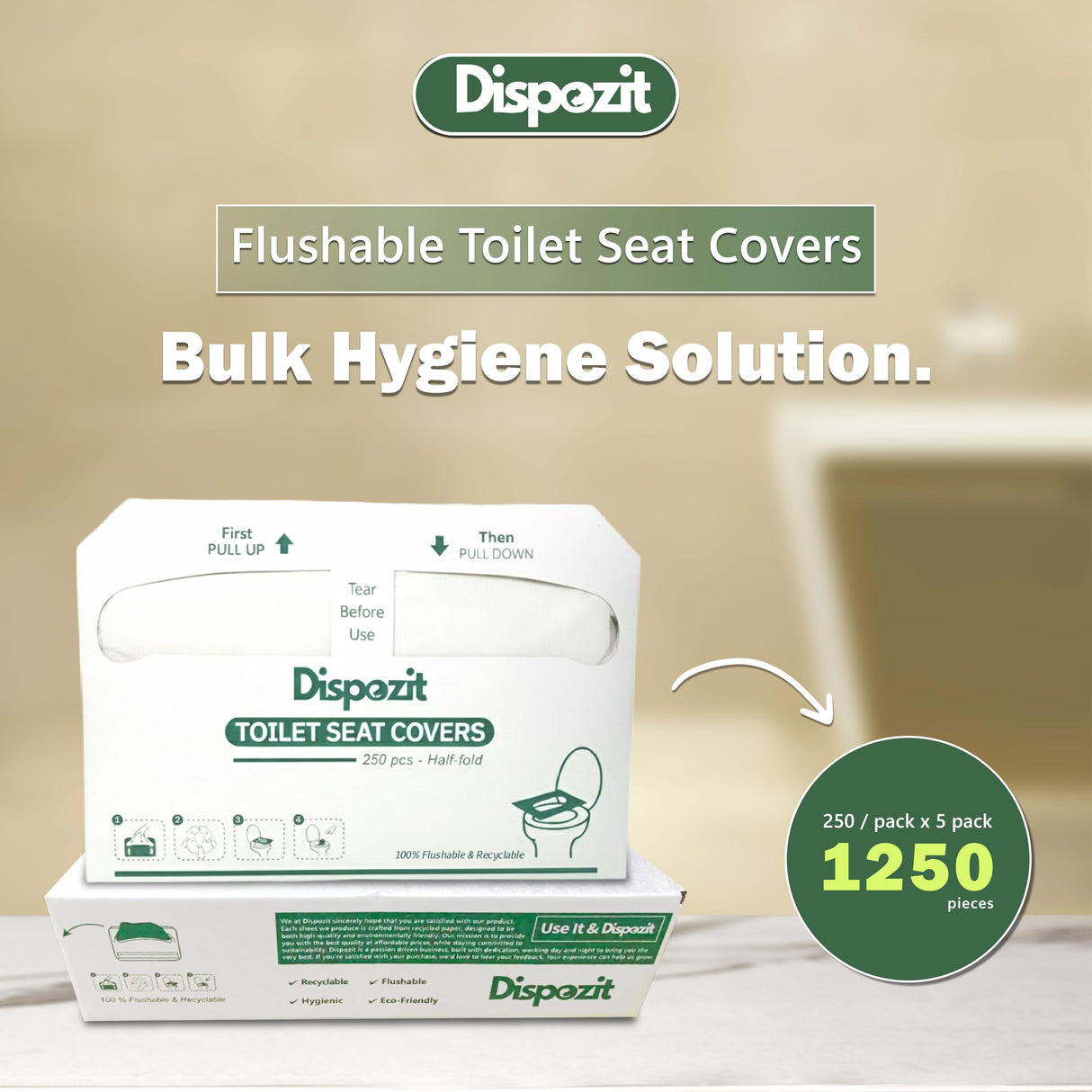 1250 Pcs Disposable Flushable Toilet Seat Covers (5 Packs of 250 Pcs) | 100% Biodegradable Commercial Toilet Seat Covers | Half-Fold Wall Dispenser Compatible | DISPOZIT Safe Liners