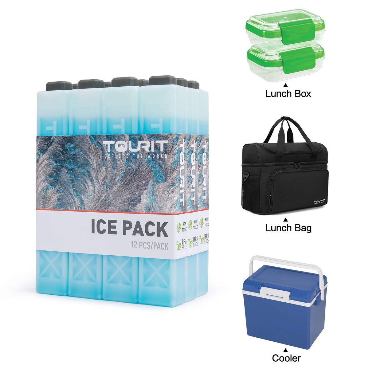 TOURIT Ice Packs for Coolers, 12 Pack Reusable Long Lasting Freezer Packs for Lunch Bags/Boxes, Cooler Backpack, Camping, Beach, Picnics, Fishing and More, Blue