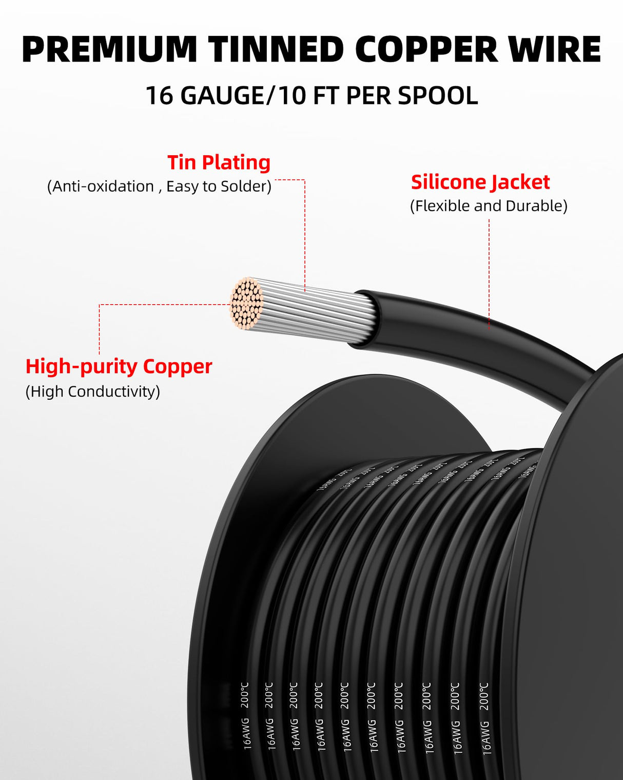 NAOEVO 16 Gauge Wire 60ft, 16 AWG Wire 6 Colors 10ft Each Spool, Flexible Silicone Tinned Copper Electrical Cable, Wiring kit for Breadboard/Automotive/DIY/Battery, 200℃