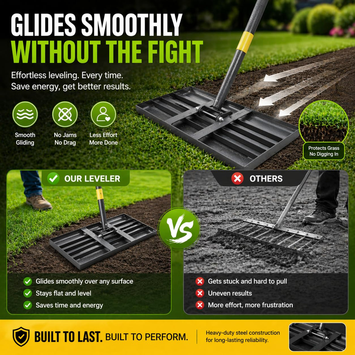 Lawn Leveling Rake – 17”x10” Heavy Duty Stainless Steel Lawn Leveler with 28”-60” Adjustable Handle, Anti-Flip Smooth Edge for Top Dressing Soil, Yard, Garden Lawn Care Tool