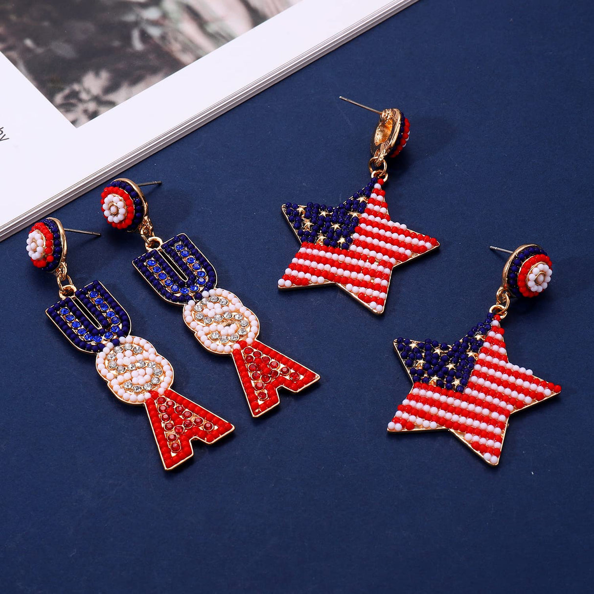NLCAC USA Earrings Beaded American Flag Earrings USA Star Ice Cream Drop Dangle Earrings 4th of July Gifts for Women Star