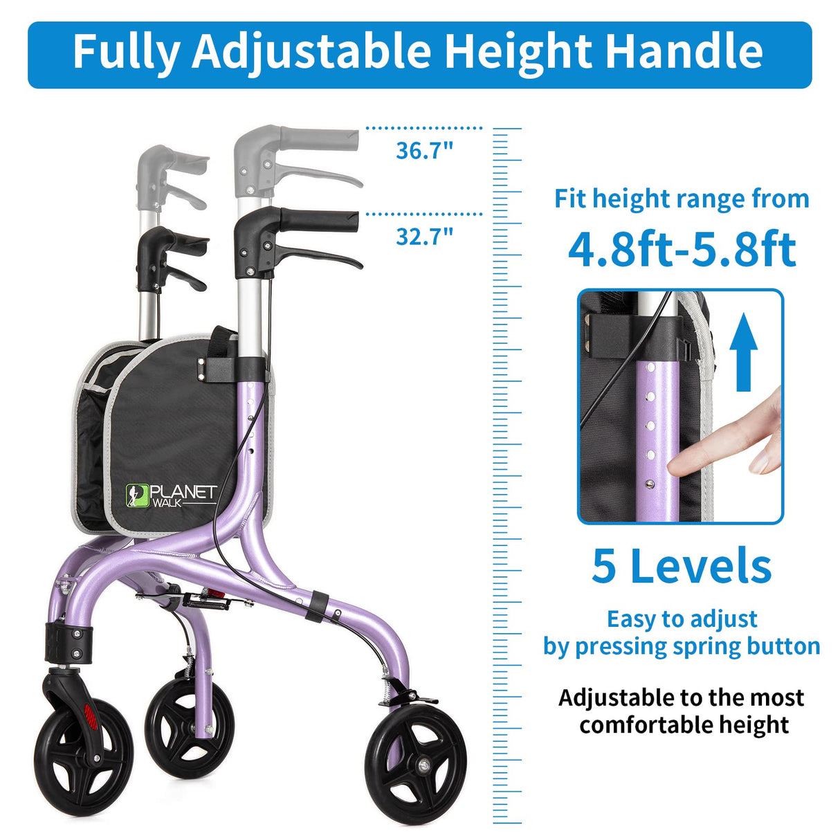 Planetwalk Premium 3 Wheel Rollator Walker for Seniors - Ultra Lightweight Foldable Walker for Elderly, Aluminum Three Wheel Mobility Aid, Brilliant Purple