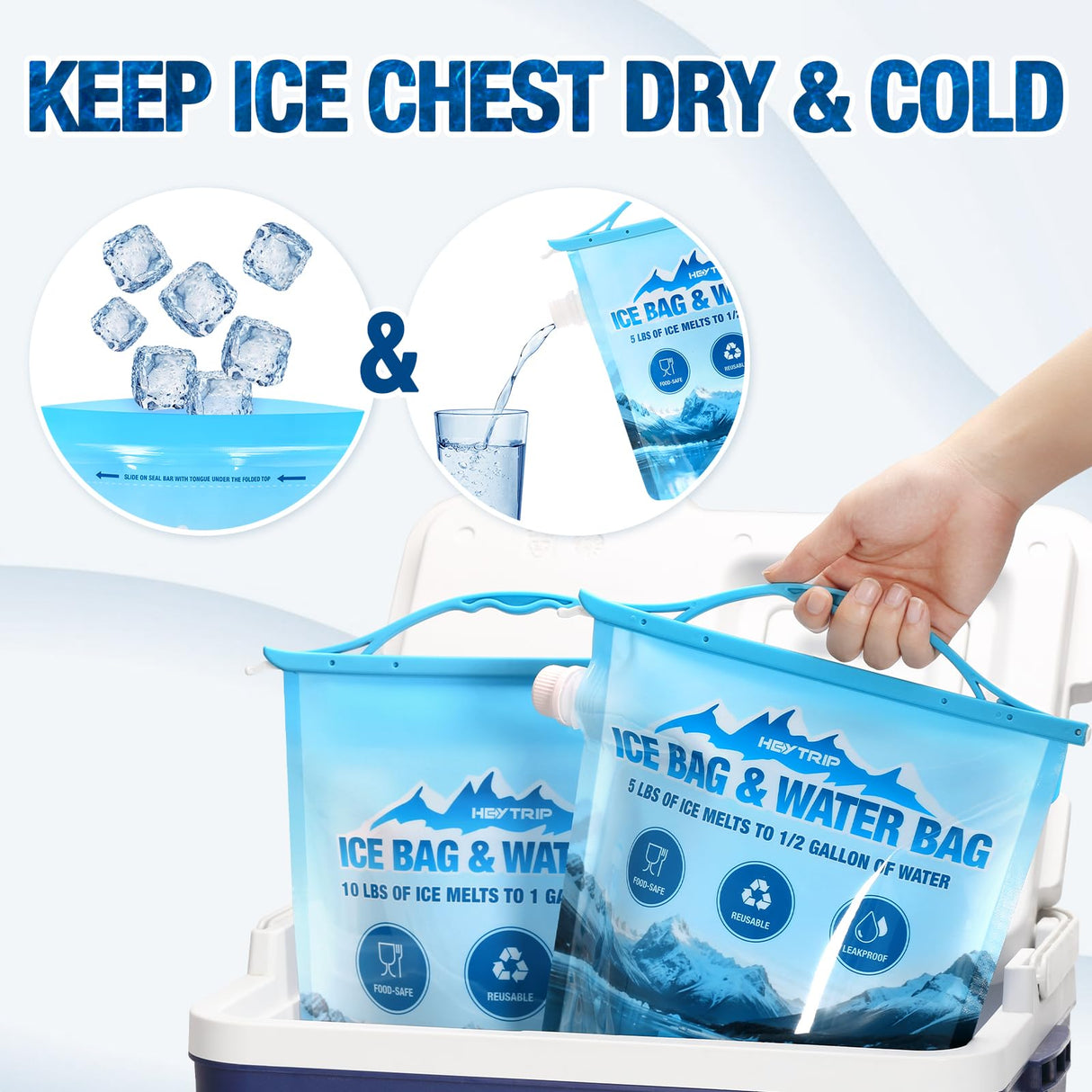 HEYTRIP 4 Pack Reusable Ice Bags for Cooler 2.5lb 5lb Ice Cube Bags, Long Lasting Cold Dry Freezer Packs, Leakproof Water Container - Fill it with Ice to Keep Cooler Cold and Drink its ICY Water