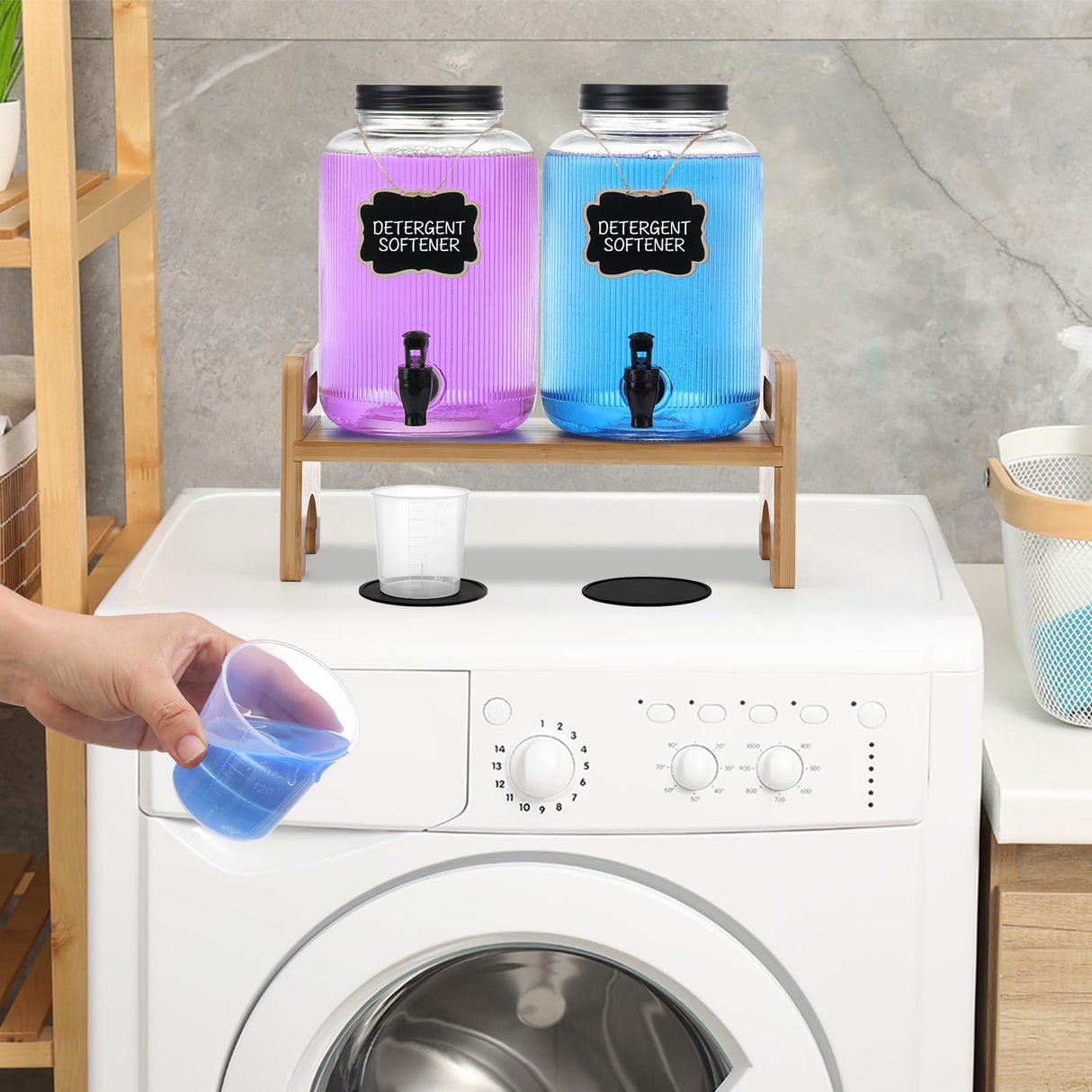2-Pack Laundry Detergent Dispenser with Bamboo Stand,1 Gallon Laundry Soap Dispenser with Measuring Cup,Glass Laundry Detergent Containr for Laundry Room Organization and Storage