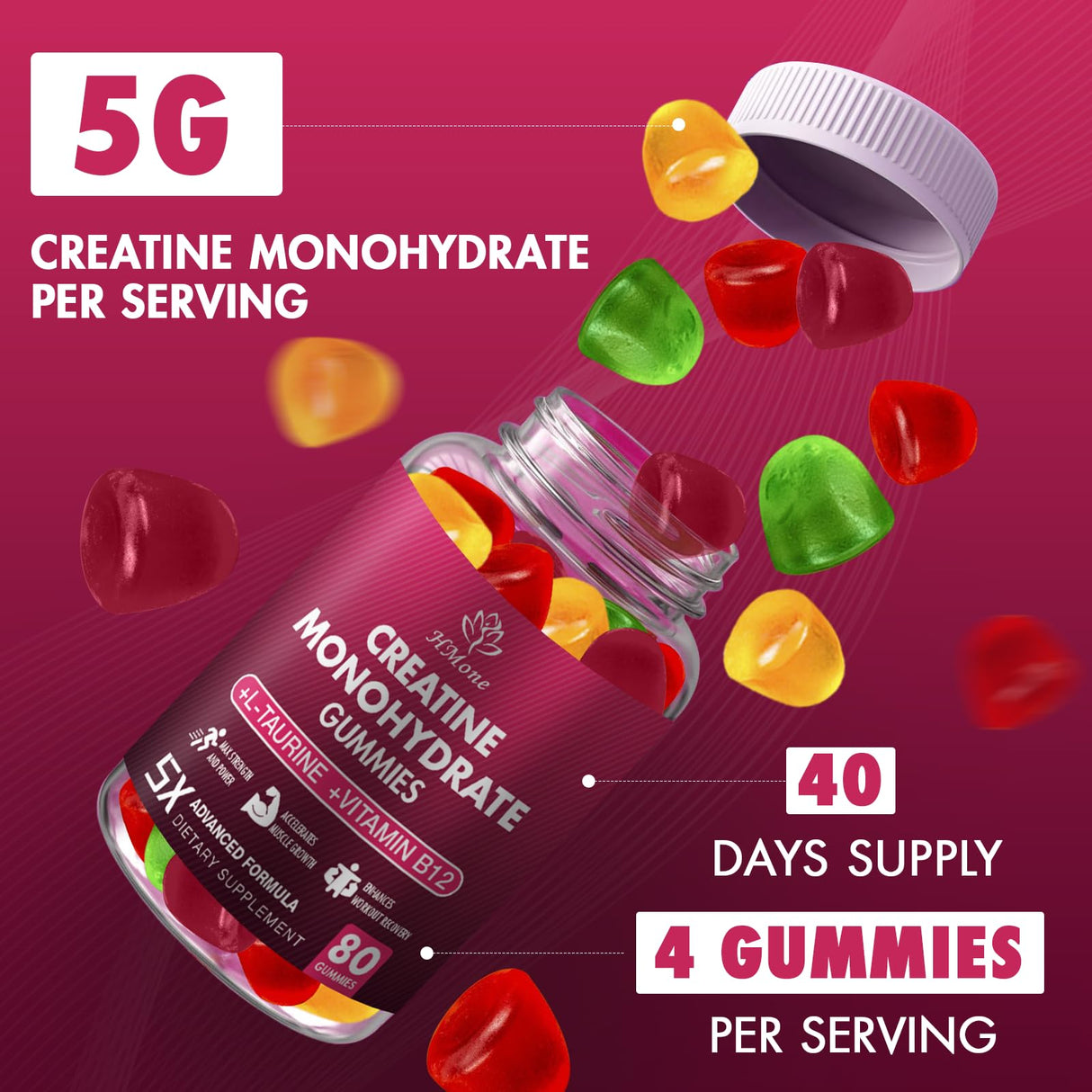 HMone Creatine Monohydrate Gummies - 5g for Men & Women, 160 Count and Creatine Chewable Supplements for Muscle Gain, Muscle Strength, Energy Boost, and Muscle Builder, Sugar Free, Vegan