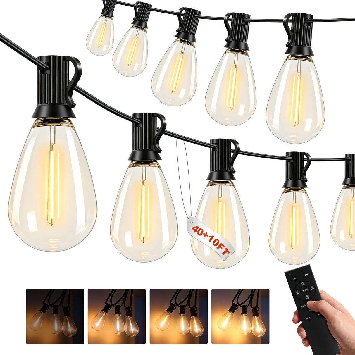 50(40+10)FT Outdoor String Lights, 15m Waterproof Remote LED Patio Lights with 19+1 S11 Bulbs 10FT Extension Cable, Dimmable Outside Hanging Lights for House, Porch,Yard,Garden,Bistro, Gazebo lighting