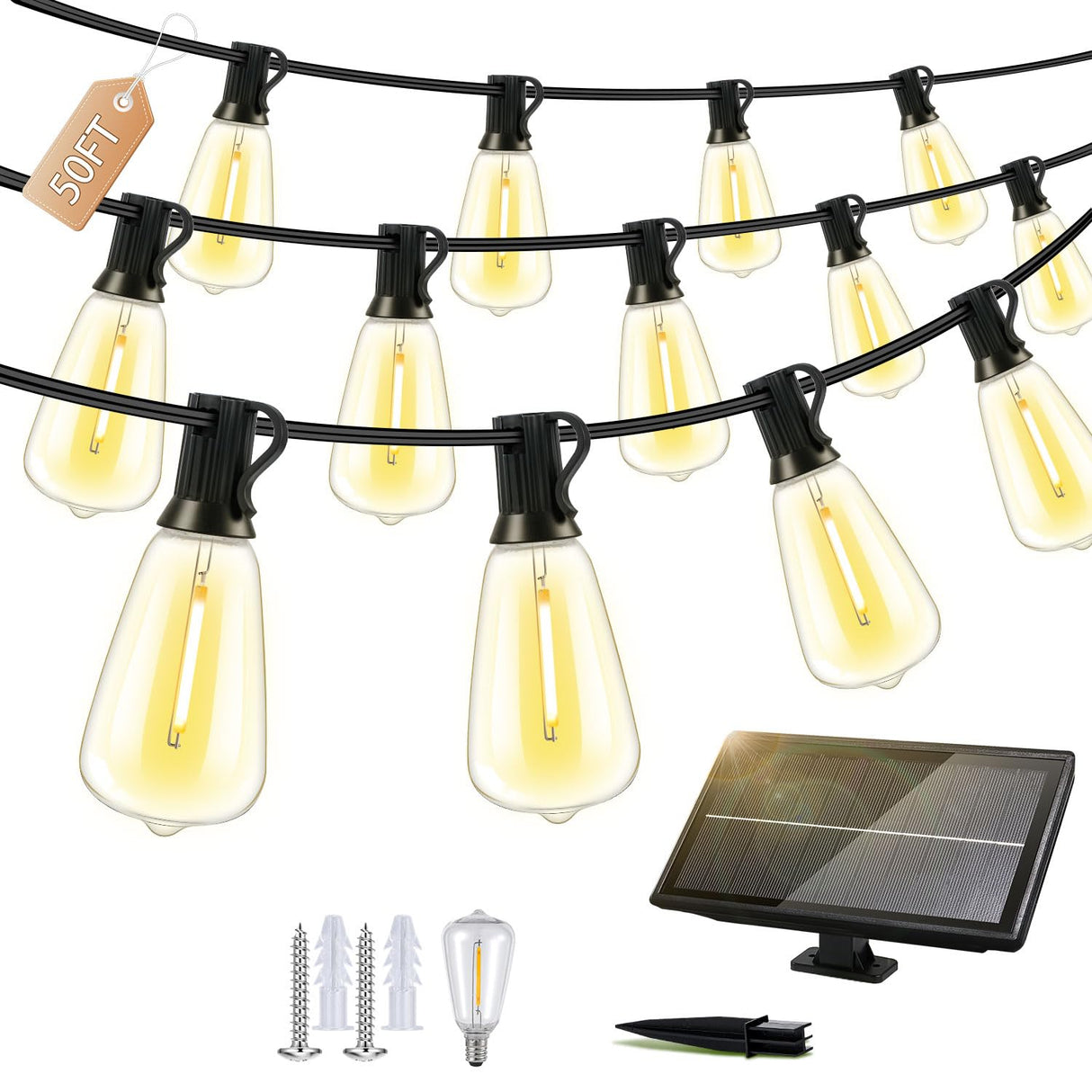 FUANXIEI Outdoor Solar String Lights Waterproof: ST38 50ft Shatterproof Patio Lights - Solar Powered & USB Dual Charging - 3 Modes Button Control - Garden Backyard Gazebo Porch Party Decor