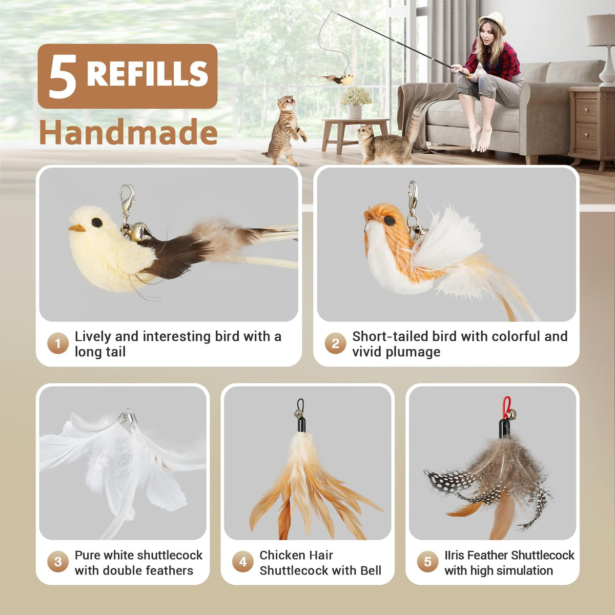 ROSAUI Cat Teaser Wand Toys, Interactive Bird Toys for Indoor Kittens, 42.15’’ Long Cat Fishing Pole Toys, 2Pcs Wires and 5Pcs Natural Refills, Sustainable Wooden Handles, Exercising, Playing