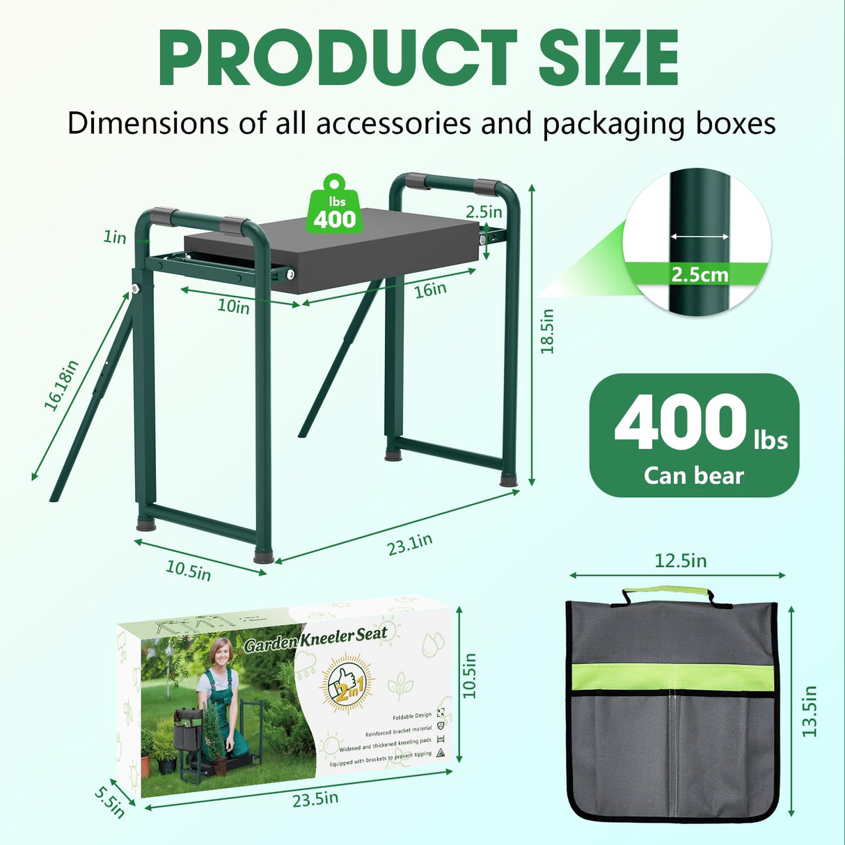 Onadak Heavy Duty Garden Kneeler & Seat with Support Legs, 400lbs Capacity Foldable Gardening Stool, Extra Thick Pad & Large Tool Organizer Bag, Ergonomic for Seniors - Dark Green