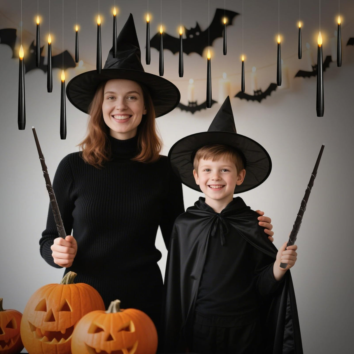 Lezonic Black Floating Candles with Wand Remote, Set of 12 Magic Flameless Candles Battery Operated, Flikering Hanging LED Taper Candlesticks Christmas Decorations, 0.51" x 6.7"