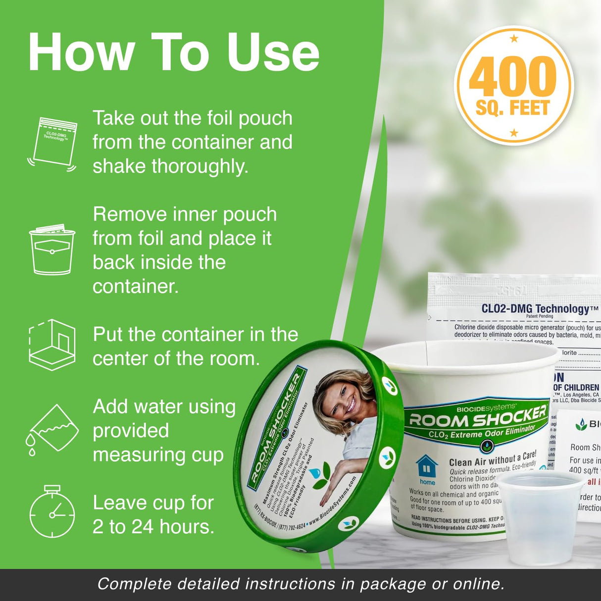 Biocide Systems Room Shocker Strong Odor Eliminator for Home & Office, Eco-Friendly Chlorine Dioxide Odor Bomb for House Interior Up to 400 Square Feet of Floor Space (4-Pack)