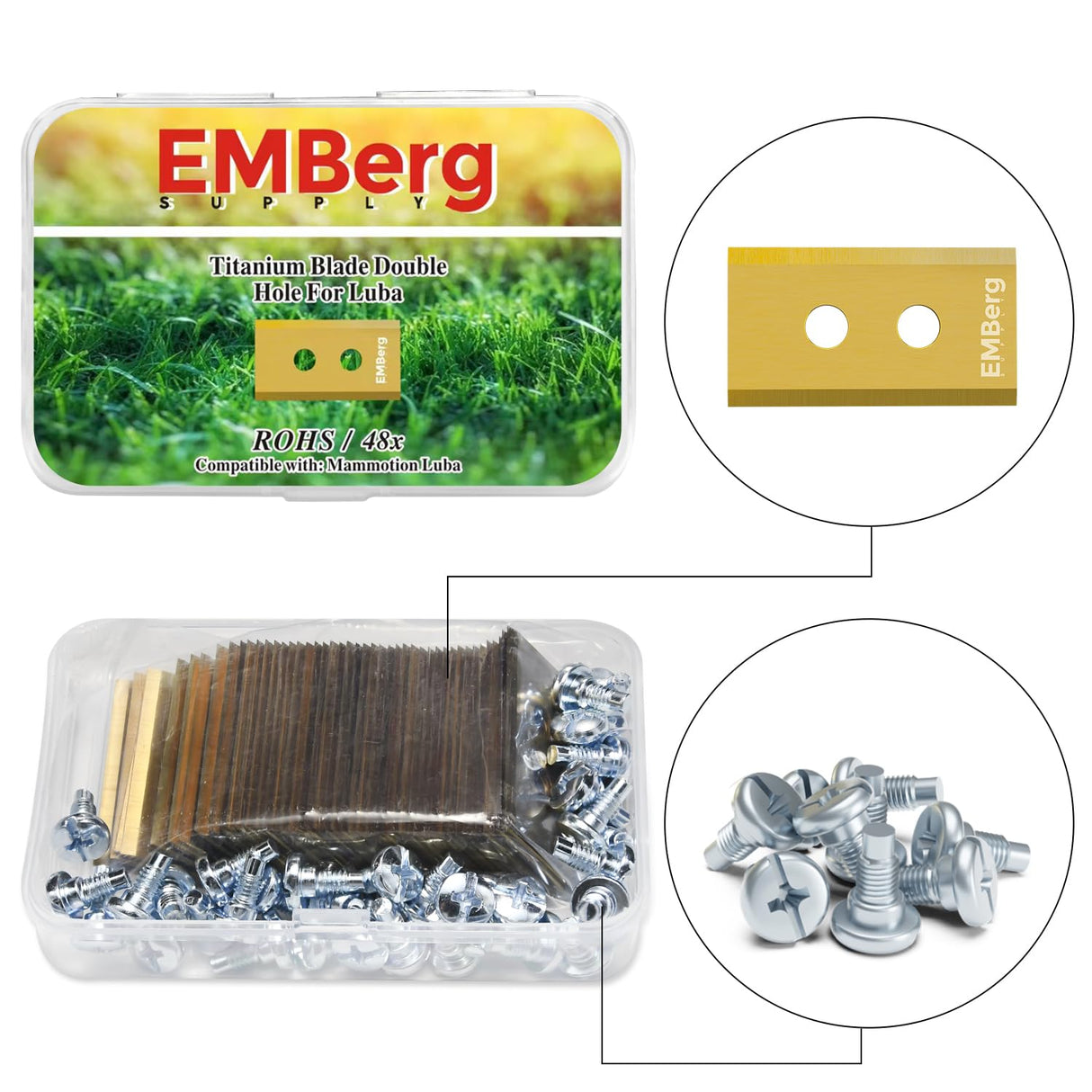 EMBerg Blades for Luba - Titanium Coated - 48 Blades (6 Sets) Robotic Lawn Mower Blade Compatible with Mammotion Endurance - Fits AWD 5000, 3000, 1000 - Replacement Blades for Superior Performance