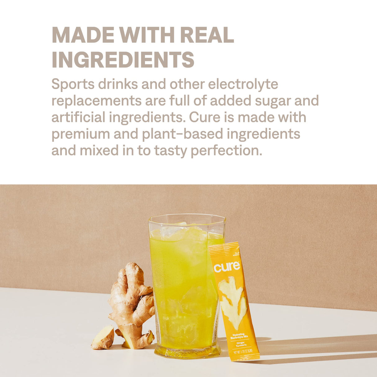 Cure Hydration | Plant-Based Electrolyte Drink Mix | No Added Sugar | FSA & HSA | Dehydration Relief Powder Made with Coconut Water | Non-GMO | Vegan | Pouch of 14 Packets - Ginger Turmeric