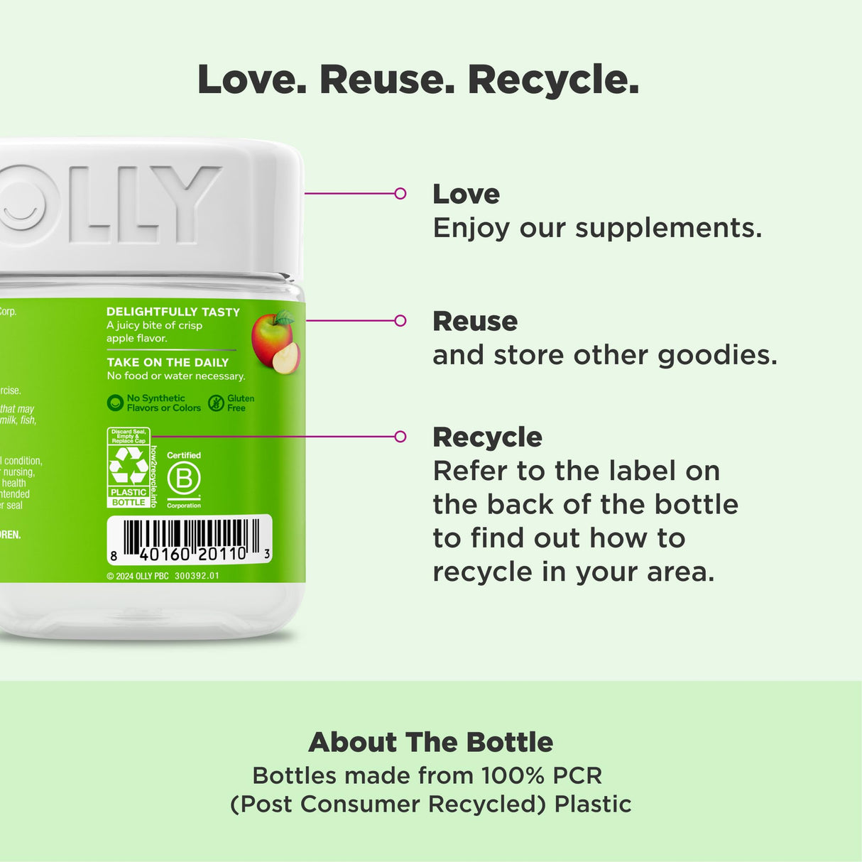 4 Pack OLLY Metabolism Gummy Rings, Apple Cider Vinegar, Vitamin B12, Chromium, Energy and Digestive Health, Chewable Supplement, Apple Flavor, Twin Pack - 120 Count