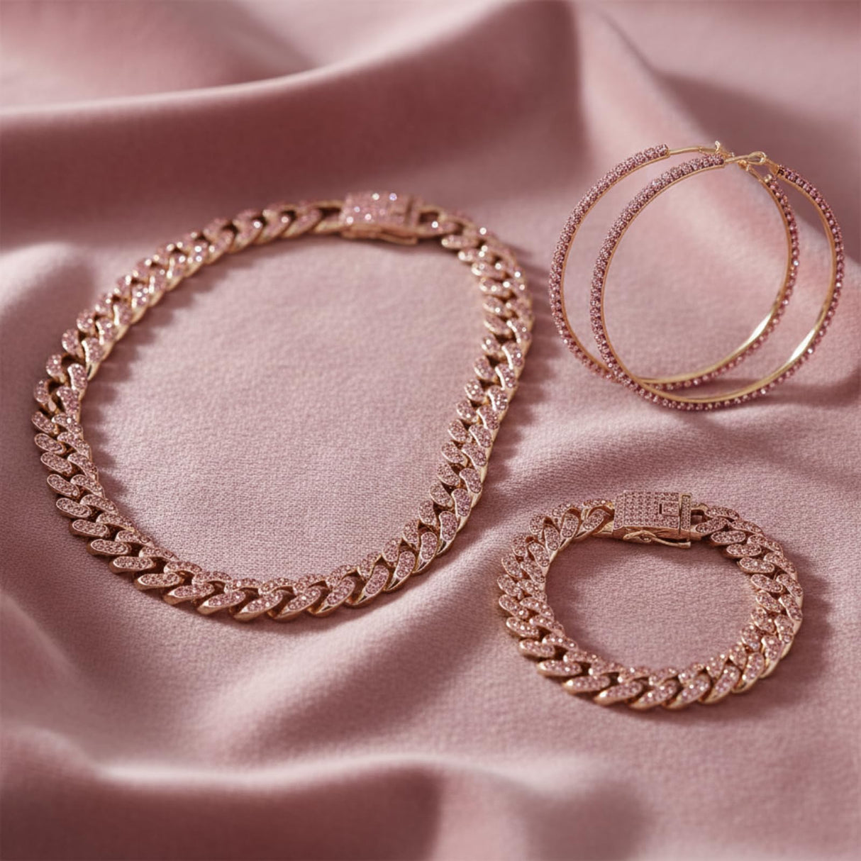 Batiyeer 3pcs Cuban Link Necklace Bracelet Set Women,18 Inch;Rose Gold Pink
