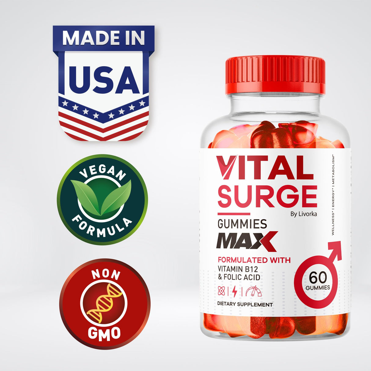 (2 Pack) Vital Surge - Vital Surge for Men Gummies, Vital Vita Surge Max Maximum Strength 1050 MG, VitalSurge Supplement Support Gummy Advanced Formula, Premium Vitamin Gomitas (120 Gummies)