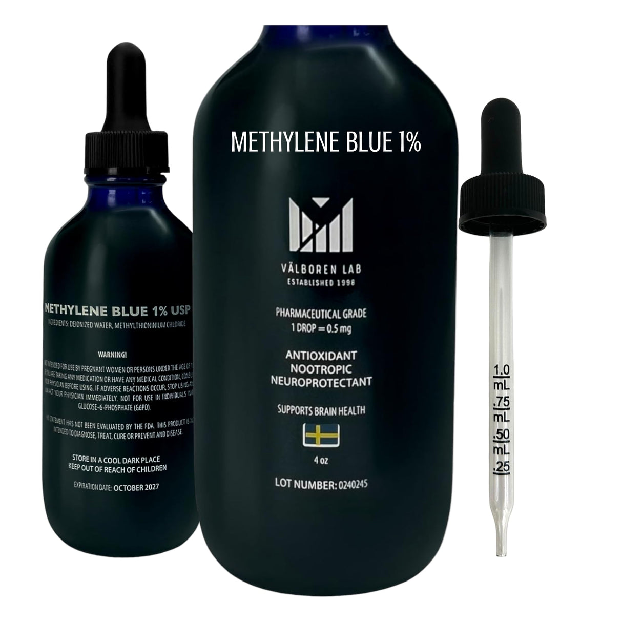 Methylene Blue Pharmaceutical Grade - Third Party Tested - Formaldehyde & Alcohol-Free - Methylene Blue 1% for Humans - USP Grade Brain Health Dietary Supplement - Made in USA (118ML Bottle)