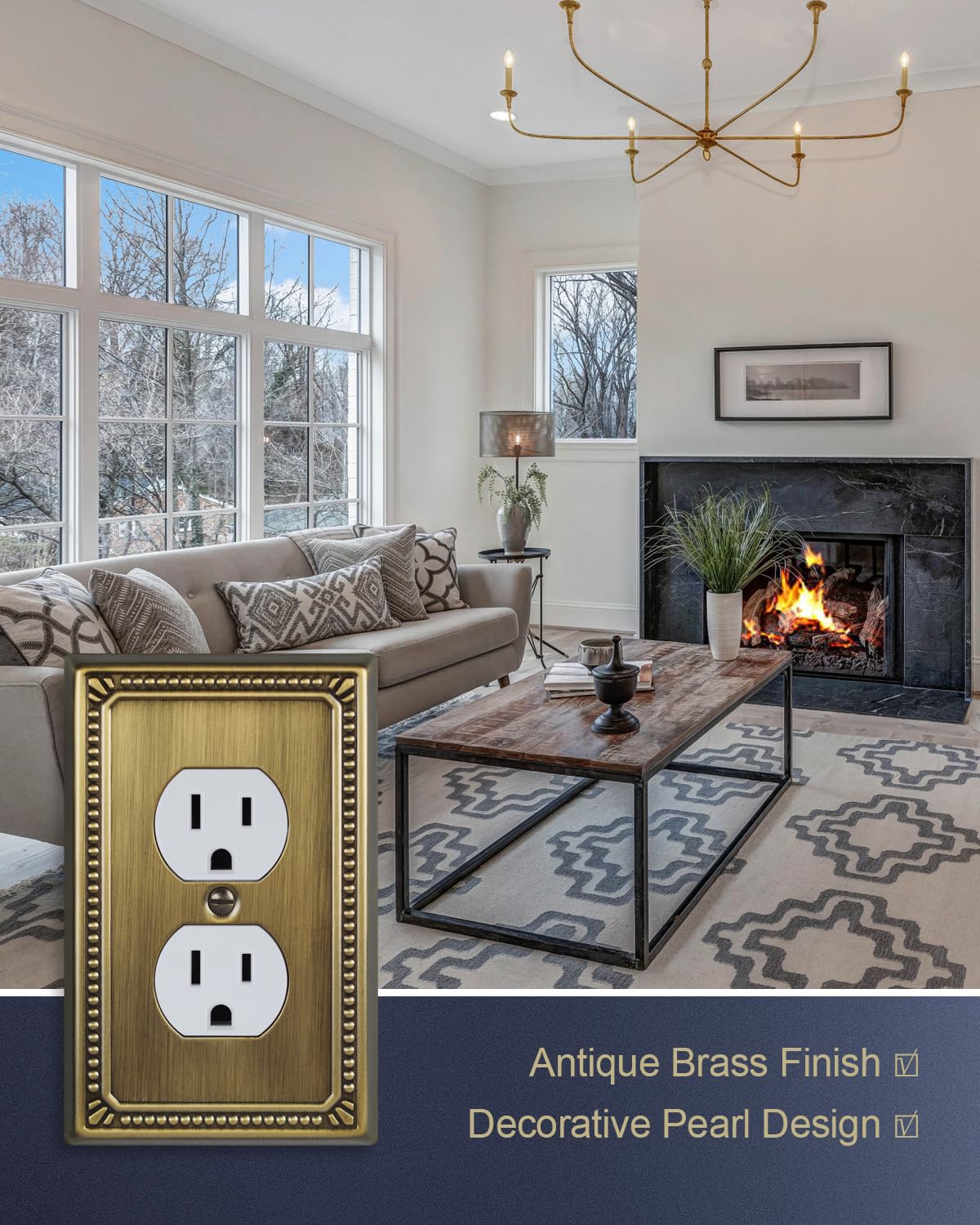 ZILLSEA Metal Wall Plates, Switch Plates and Outlet Covers, Decorative Pearl Design (1 Duplex 4PK, Antique Brass, Midsize)