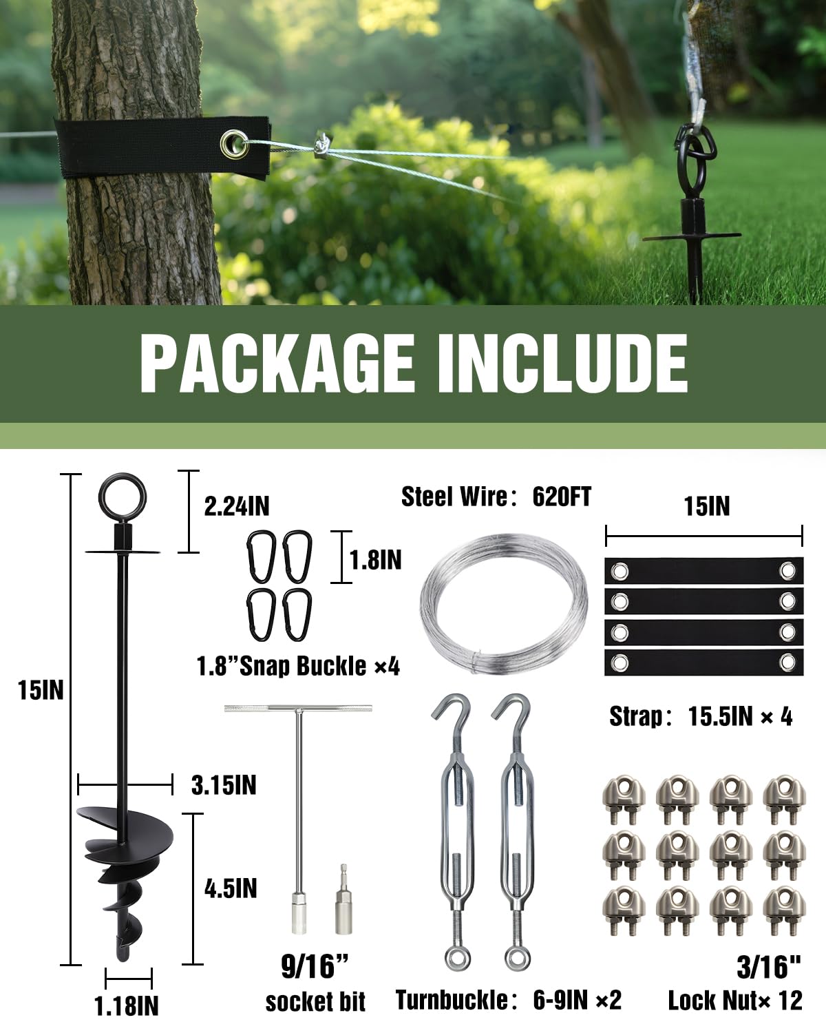 4 Pack Tree Stakes and Supports with Nut Driver, Screw in Ground Anchor