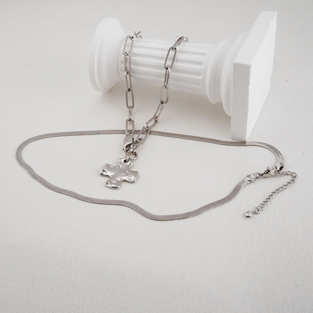 Bheop Chunky Cross Necklace for Women, Silver Layered Herringbone Necklace