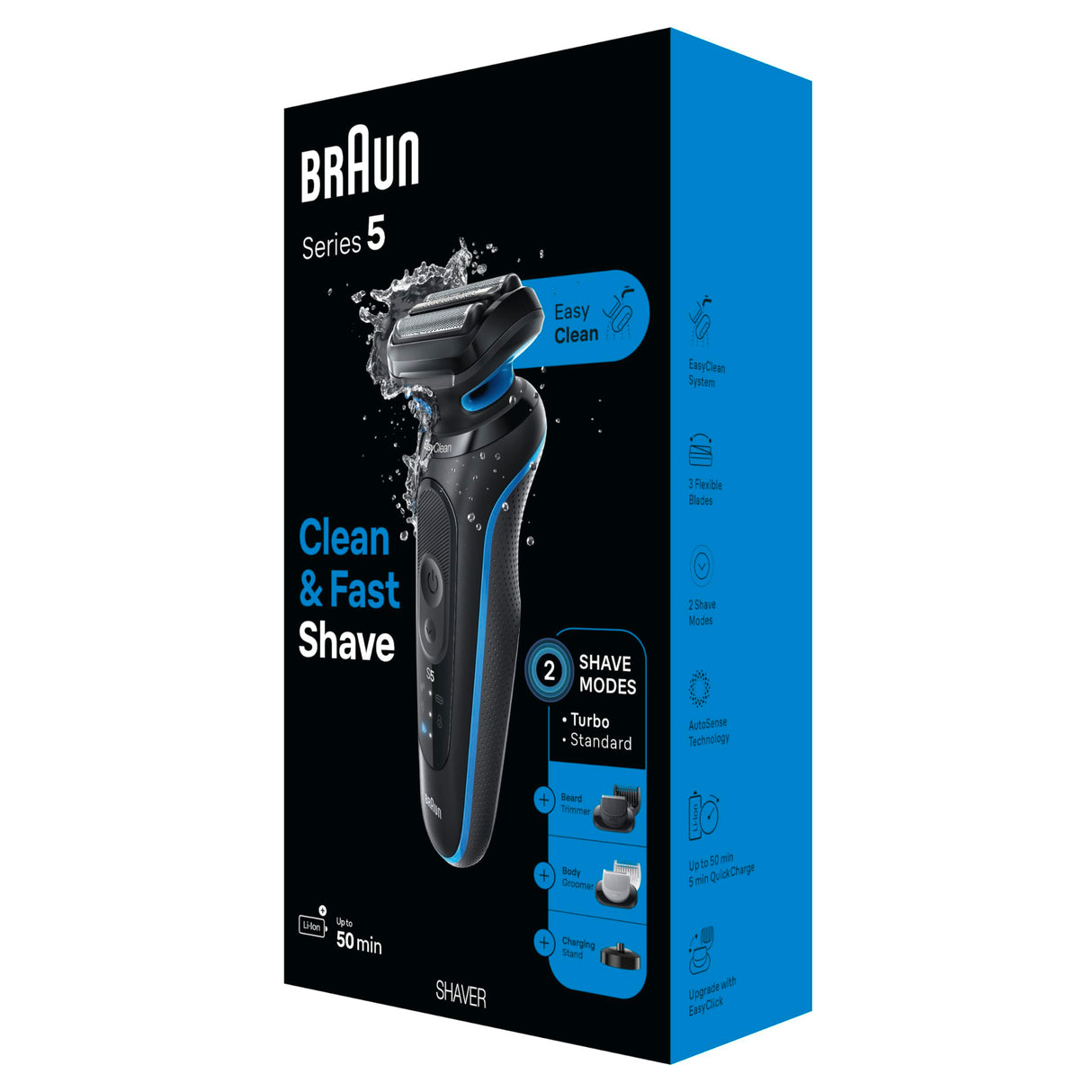 Braun Electric Shaver for Men, Series 5 5150cs, Wet & Dry Shave, Turbo Shaving Mode, Foil Shaver, with Beard Trimmer, Body Groomer and Charging Stand, Blue