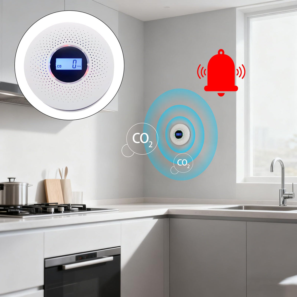 Exhaust Alarm with Visual LCD Display Double Transducer Detection Structure Loud 85dB for Indoor Observing Battery Propelled Exhaust Together